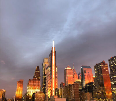 Philadelphia city skyline with Sunset reflection